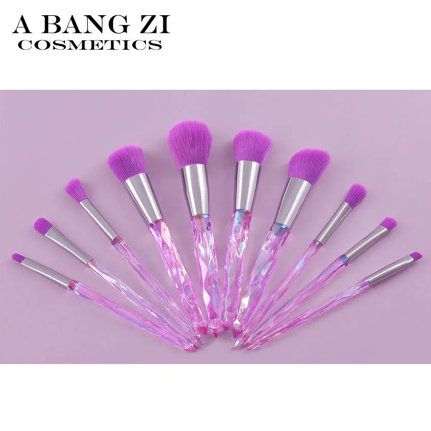 Private Label ABS Purple Makeup Brush Kit with Crystal Handle 10pcs Flat Shape for Face & Eyebrow Pencil Applicators