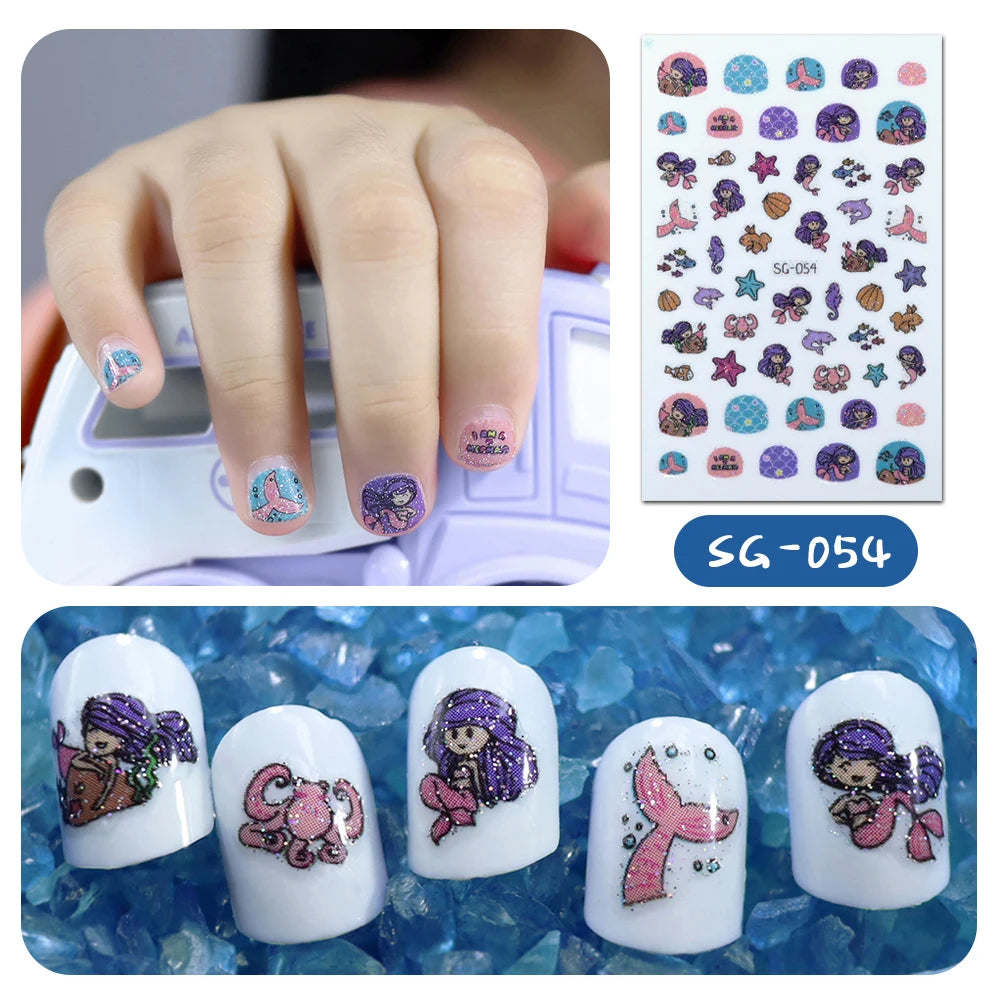 Wholesale Cartoon Glitter Mermaid Nail Art Designs Strips for Children Make-up Nail Art DIY Nail Decoration Stickers for Kids