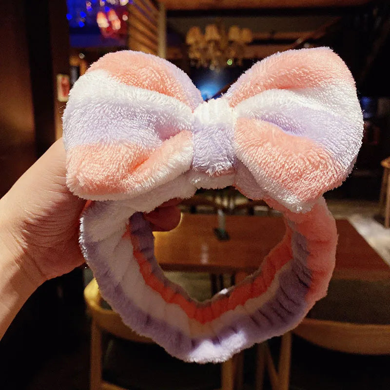 Cartoon Rabbit Cat Ear Cute Plush Headband OMG Bow Wash Face Hairband Lady Soft Custom Women Fur Elastic Make up Headbands