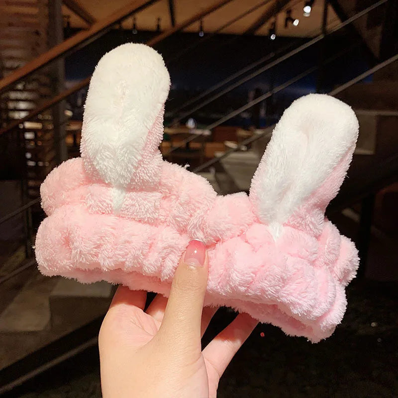 Cartoon Rabbit Cat Ear Cute Plush Headband OMG Bow Wash Face Hairband Lady Soft Custom Women Fur Elastic Make up Headbands