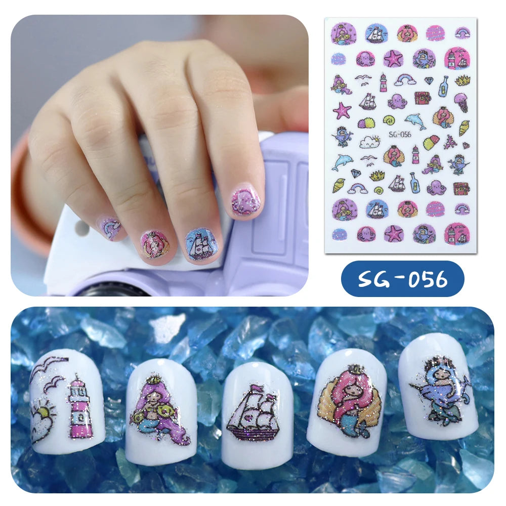 Wholesale Cartoon Glitter Mermaid Nail Art Designs Strips for Children Make-up Nail Art DIY Nail Decoration Stickers for Kids