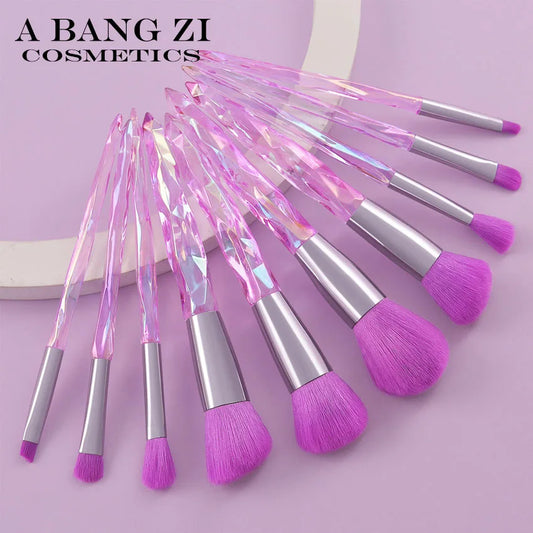 Private Label ABS Purple Makeup Brush Kit with Crystal Handle 10pcs Flat Shape for Face & Eyebrow Pencil Applicators