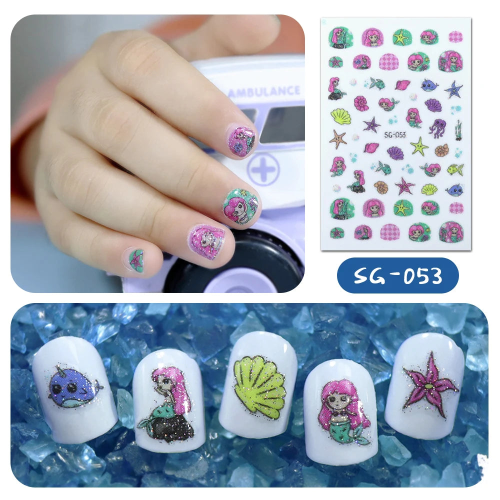 Wholesale Cartoon Glitter Mermaid Nail Art Designs Strips for Children Make-up Nail Art DIY Nail Decoration Stickers for Kids
