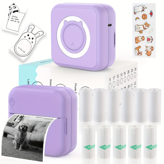 Micro Printer, Mini Thermal Printer Set, 5 Rolls of White Stickers, 5 Rolls of Thermal Paper, Labels, Text, Photo Printing, Rechargeable Inkless Wireless Printer, Suitable for Photos, Diaries, Notes, Memos, Wireless Printing|